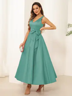 A-Line/Princess V Neck Sleeveless Long Evening Dresses with Bow Knot — view 7