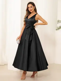A-Line/Princess V Neck Sleeveless Long Evening Dresses with Bow Knot — view 8