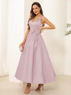 A-Line/Princess V Neck Sleeveless Long Evening Dresses with Bow Knot — view 9