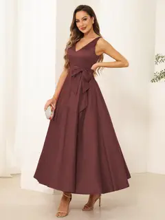 A-Line/Princess V Neck Sleeveless Long Evening Dresses with Bow Knot — view 11