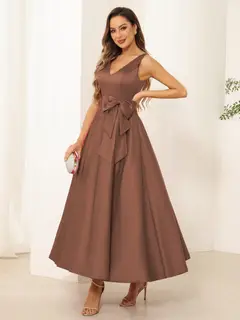A-Line/Princess V Neck Sleeveless Long Evening Dresses with Bow Knot — view 12