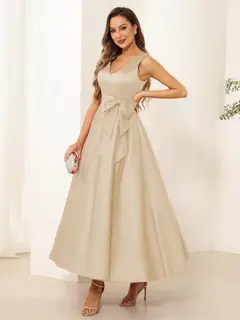A-Line/Princess V Neck Sleeveless Long Evening Dresses with Bow Knot — view 14