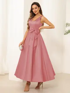 A-Line/Princess V Neck Sleeveless Long Evening Dresses with Bow Knot — view 15