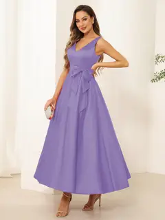 A-Line/Princess V Neck Sleeveless Long Evening Dresses with Bow Knot — view 19