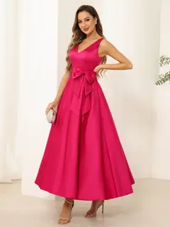 A-Line/Princess V Neck Sleeveless Long Evening Dresses with Bow Knot — view 24
