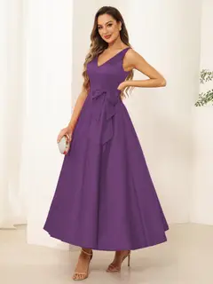 A-Line/Princess V Neck Sleeveless Long Evening Dresses with Bow Knot — view 27
