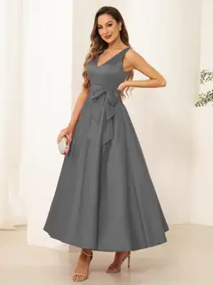 A-Line/Princess V Neck Sleeveless Long Evening Dresses with Bow Knot — view 28