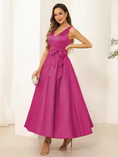 A-Line/Princess V Neck Sleeveless Long Evening Dresses with Bow Knot — view 30