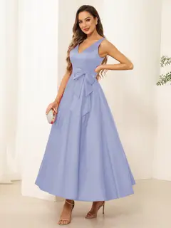 A-Line/Princess V Neck Sleeveless Long Evening Dresses with Bow Knot — view 32