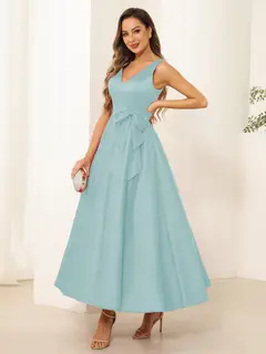 A-Line/Princess V Neck Sleeveless Long Evening Dresses with Bow Knot — view 33