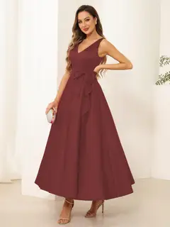 A-Line/Princess V Neck Sleeveless Long Evening Dresses with Bow Knot — view 34
