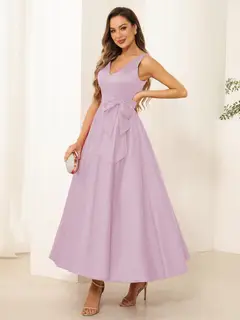 A-Line/Princess V Neck Sleeveless Long Evening Dresses with Bow Knot — view 36