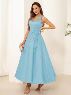 A-Line/Princess V Neck Sleeveless Long Evening Dresses with Bow Knot — view 39