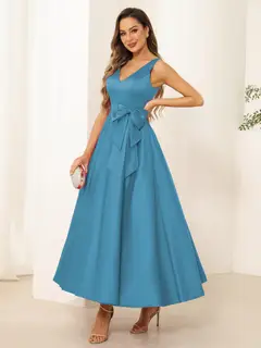 A-Line/Princess V Neck Sleeveless Long Evening Dresses with Bow Knot — view 46