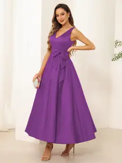 A-Line/Princess V Neck Sleeveless Long Evening Dresses with Bow Knot — view 49