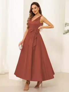 A-Line/Princess V Neck Sleeveless Long Evening Dresses with Bow Knot — view 58