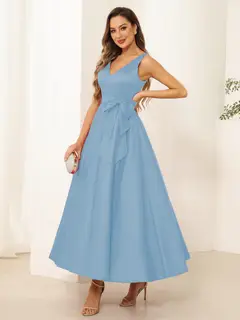 A-Line/Princess V Neck Sleeveless Long Evening Dresses with Bow Knot — view 63