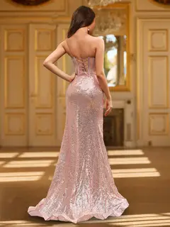 Trumpet/Mermaid Straps Corset Beaded Sequin Long Prom Dresses with Split Side — view 2