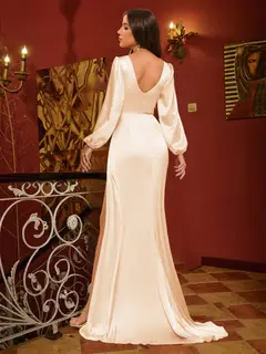 Sheath/Column V-Neck Long Sleeves Evening Dresses with Split Side & Ruched — view 2