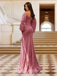 Sheath/Column Off-the-Shoulder Long Sleeves Sweep Train Evening Dresses — view 2