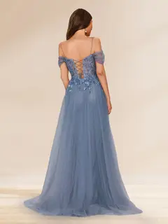 Sheath/Column Off-the-Shoulder Spaghetti Straps Maxi Tulle Evening Dresses with Sequin Appliques — view 2
