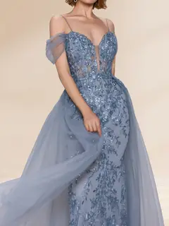 Sheath/Column Off-the-Shoulder Spaghetti Straps Maxi Tulle Evening Dresses with Sequin Appliques — view 3