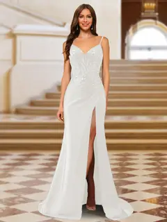 Sparkly Trumpet/Mermaid Spaghetti Straps Long Evening Dresses with Side Slit — view 6