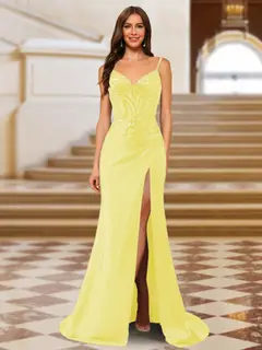 Sparkly Trumpet/Mermaid Spaghetti Straps Long Evening Dresses with Side Slit — view 9