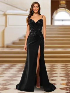 Sparkly Trumpet/Mermaid Spaghetti Straps Long Evening Dresses with Side Slit — view 10