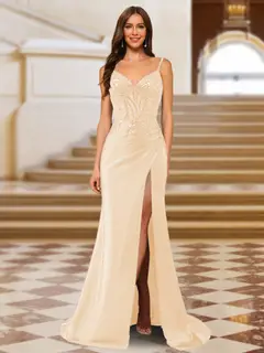 Sparkly Trumpet/Mermaid Spaghetti Straps Long Evening Dresses with Side Slit — view 11
