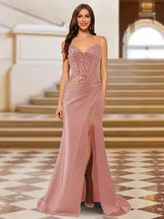 Sparkly Trumpet/Mermaid Spaghetti Straps Long Evening Dresses with Side Slit — view 12