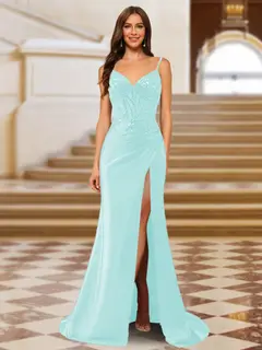 Sparkly Trumpet/Mermaid Spaghetti Straps Long Evening Dresses with Side Slit — view 13