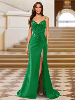 Sparkly Trumpet/Mermaid Spaghetti Straps Long Evening Dresses with Side Slit — view 15