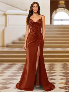 Sparkly Trumpet/Mermaid Spaghetti Straps Long Evening Dresses with Side Slit — view 24