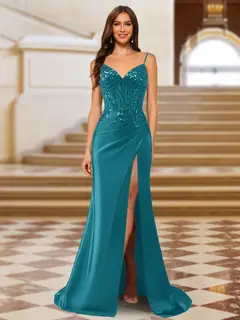Sparkly Trumpet/Mermaid Spaghetti Straps Long Evening Dresses with Side Slit — view 25