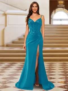 Sparkly Trumpet/Mermaid Spaghetti Straps Long Evening Dresses with Side Slit — view 27