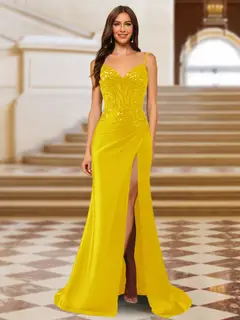 Sparkly Trumpet/Mermaid Spaghetti Straps Long Evening Dresses with Side Slit — view 28