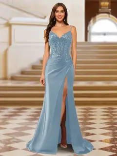 Sparkly Trumpet/Mermaid Spaghetti Straps Long Evening Dresses with Side Slit — view 32