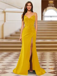 Sparkly Trumpet/Mermaid Spaghetti Straps Long Evening Dresses with Side Slit — view 33