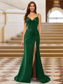 Sparkly Trumpet/Mermaid Spaghetti Straps Long Evening Dresses with Side Slit — view 34