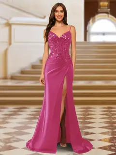Sparkly Trumpet/Mermaid Spaghetti Straps Long Evening Dresses with Side Slit — view 38