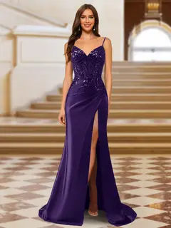 Sparkly Trumpet/Mermaid Spaghetti Straps Long Evening Dresses with Side Slit — view 39