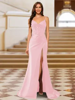 Sparkly Trumpet/Mermaid Spaghetti Straps Long Evening Dresses with Side Slit — view 40