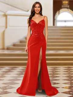 Sparkly Trumpet/Mermaid Spaghetti Straps Long Evening Dresses with Side Slit — view 41