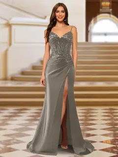 Sparkly Trumpet/Mermaid Spaghetti Straps Long Evening Dresses with Side Slit — view 42