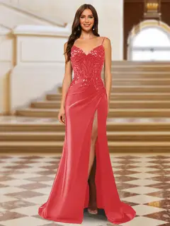 Sparkly Trumpet/Mermaid Spaghetti Straps Long Evening Dresses with Side Slit — view 43