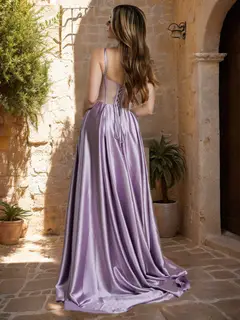 A-Line/Princess Cowl Neck Sleeveless Pleated Evening Dresses with Split Side & Rhinestone — view 2