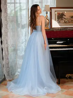 A-Line/Princess Spaghetti Straps Split Side Sleeveless Long Prom Dresses — view 2