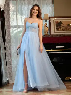 A-Line/Princess Spaghetti Straps Split Side Sleeveless Long Prom Dresses — view 3