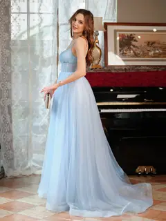 A-Line/Princess Spaghetti Straps Split Side Sleeveless Long Prom Dresses — view 4